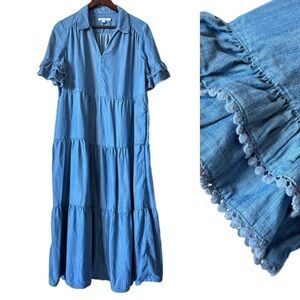 Chico's | Dresses | Chicos Tiered Midi Dress Tencel Chambray Denim Ruffle  Sleeve Casual Sz 8 | Poshmark